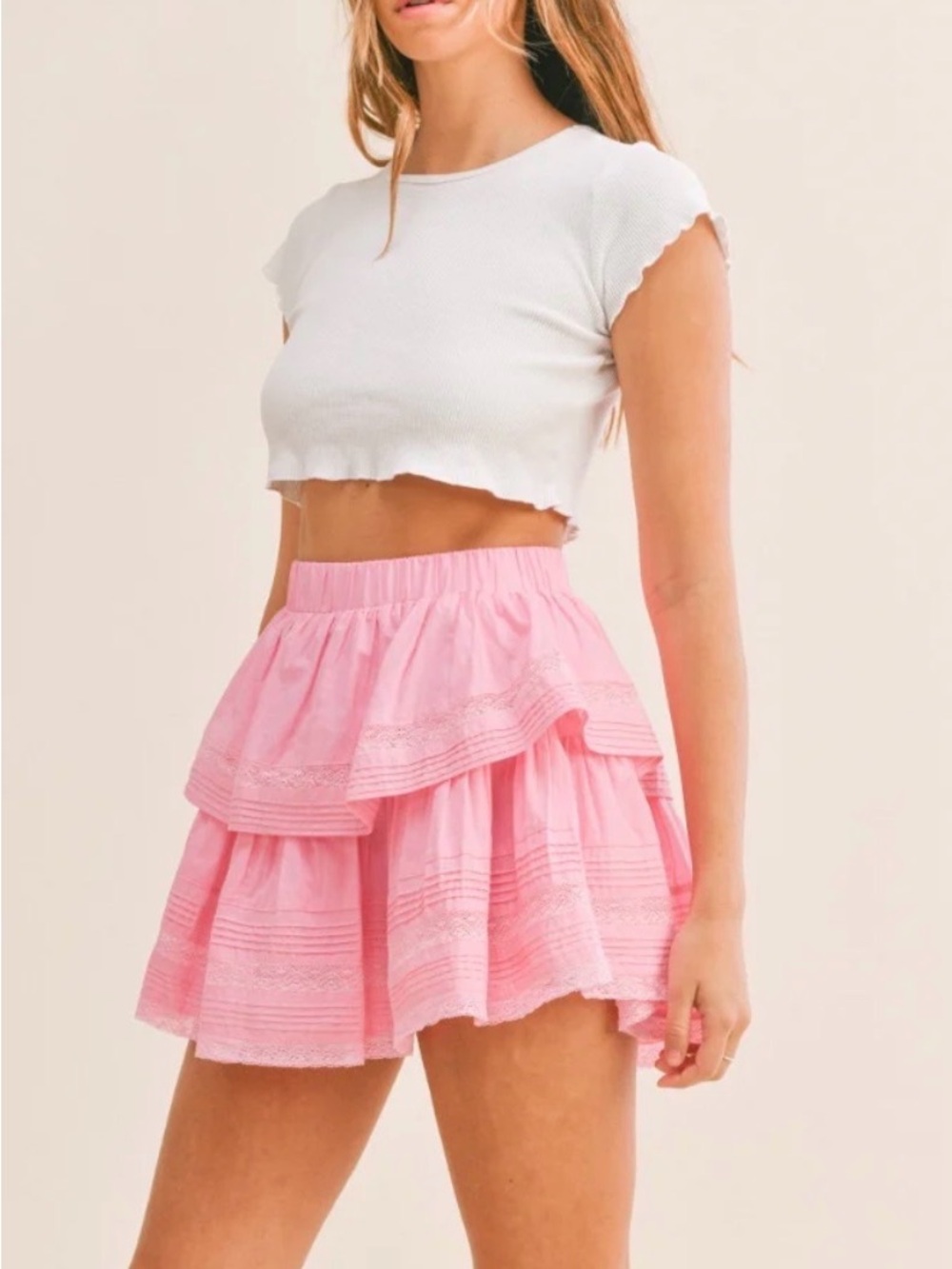 Tiered Pink Mini Skirt with Elastic Waist